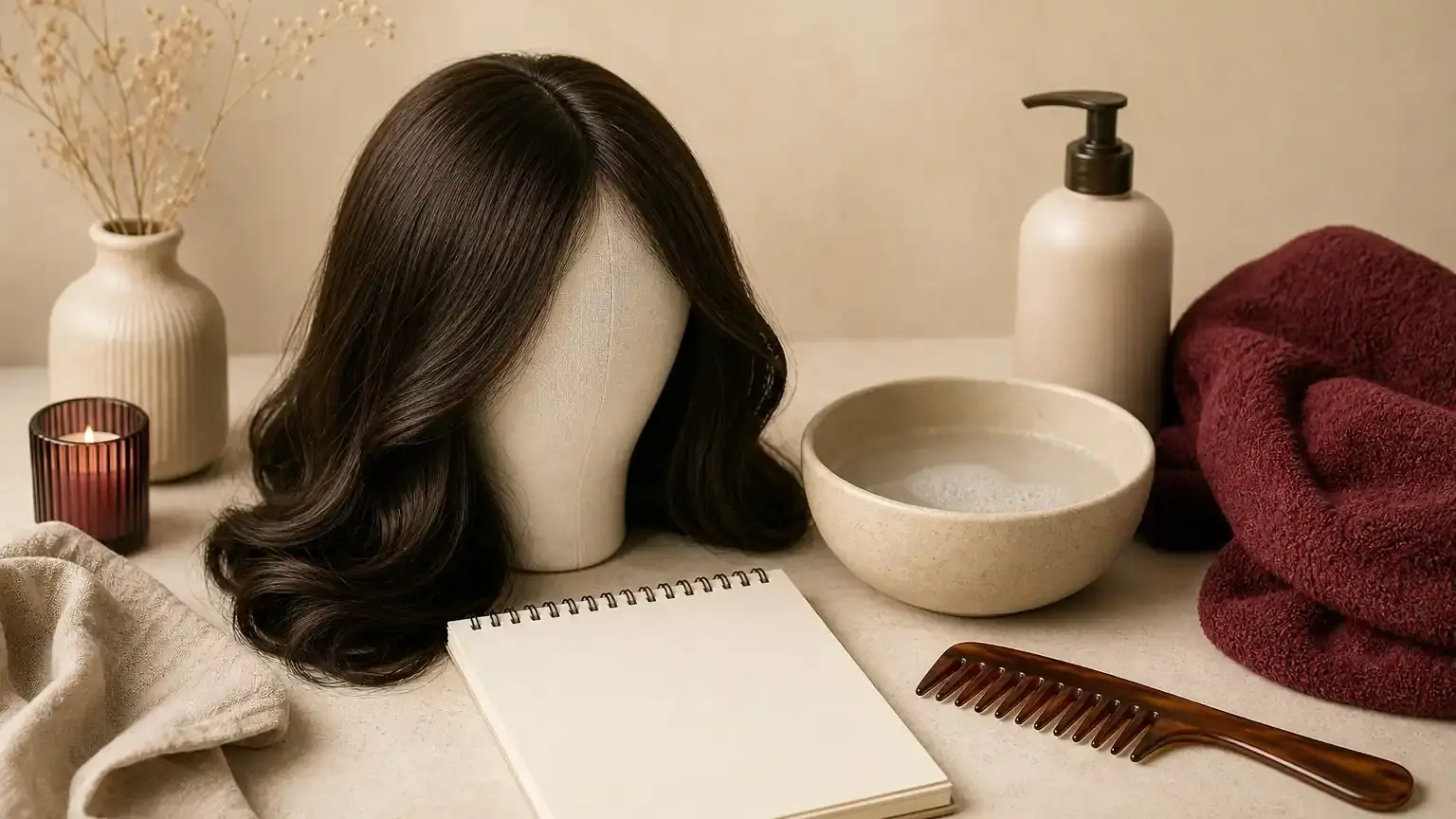 Ảnh minh họa AI 2: dụng cụ và nội dung chăm sóc tóc — cách gội tóc giả bằng tóc thật