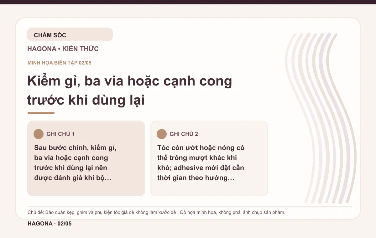 Đồ họa minh họa HAGONA về Kiểm gỉ, ba via hoặc cạnh cong trước khi dùng lại trong bài Bảo quản kẹp, ghim và phụ kiện tóc giả để không làm xước đế