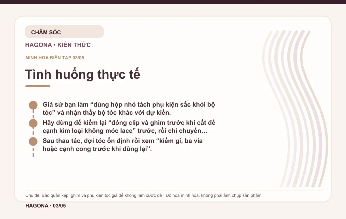 Đồ họa minh họa HAGONA về Tình huống thực tế trong bài Bảo quản kẹp, ghim và phụ kiện tóc giả để không làm xước đế