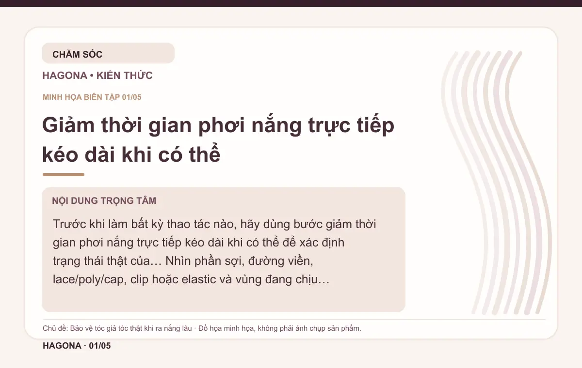 Đồ họa minh họa HAGONA về Giảm thời gian phơi nắng trực tiếp kéo dài khi có thể trong bài Bảo vệ tóc giả tóc thật khi ra nắng lâu