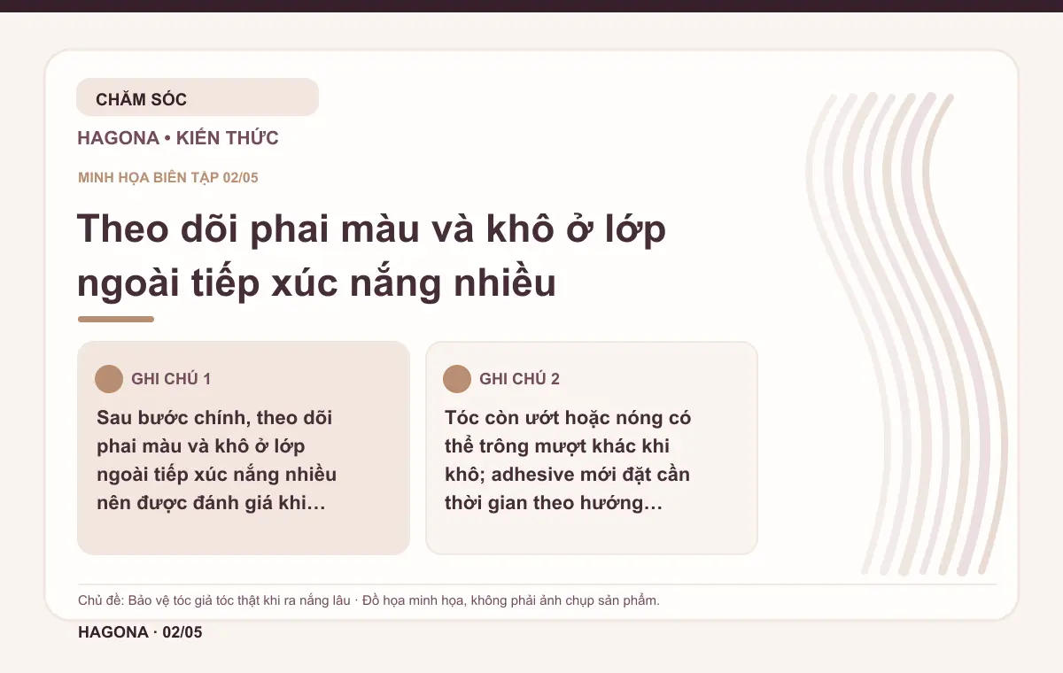 Đồ họa minh họa HAGONA về Theo dõi phai màu và khô ở lớp ngoài tiếp xúc nắng nhiều trong bài Bảo vệ tóc giả tóc thật khi ra nắng lâu