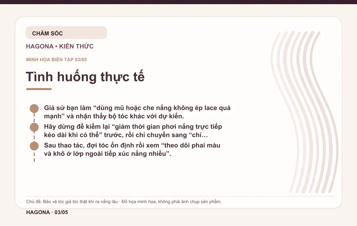 Đồ họa minh họa HAGONA về Tình huống thực tế trong bài Bảo vệ tóc giả tóc thật khi ra nắng lâu