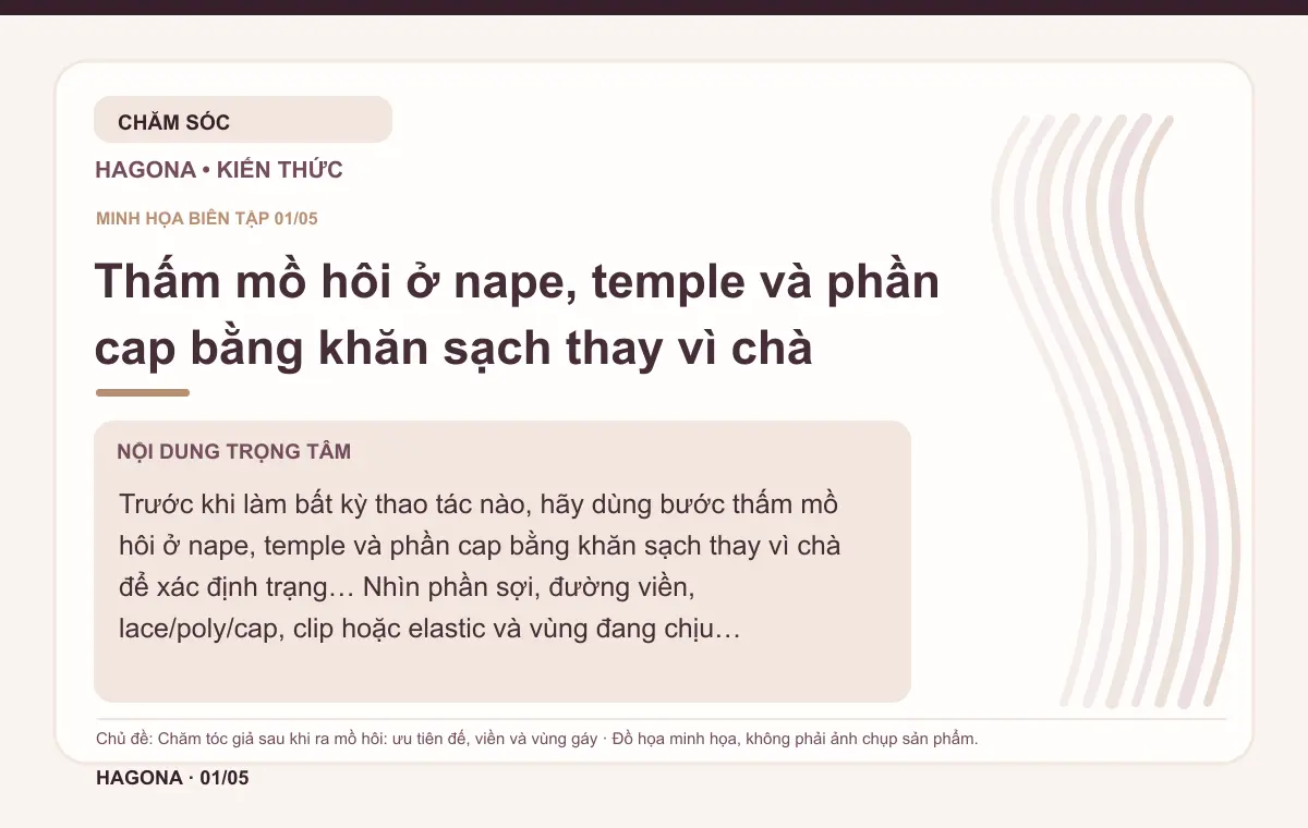Đồ họa minh họa HAGONA về Thấm mồ hôi ở nape, temple và phần cap bằng khăn sạch thay vì chà trong bài Chăm tóc giả sau khi ra mồ hôi: ưu tiên đế, viền và vùng gáy