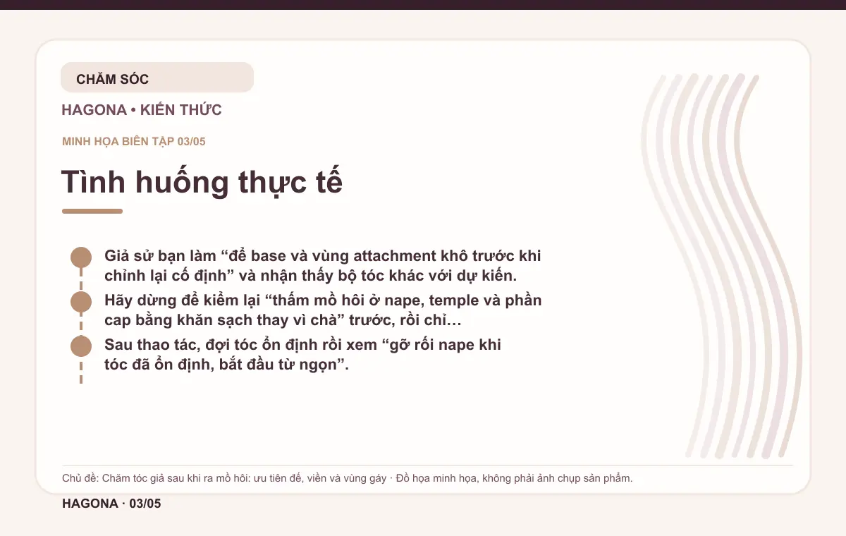 Đồ họa minh họa HAGONA về Tình huống thực tế trong bài Chăm tóc giả sau khi ra mồ hôi: ưu tiên đế, viền và vùng gáy