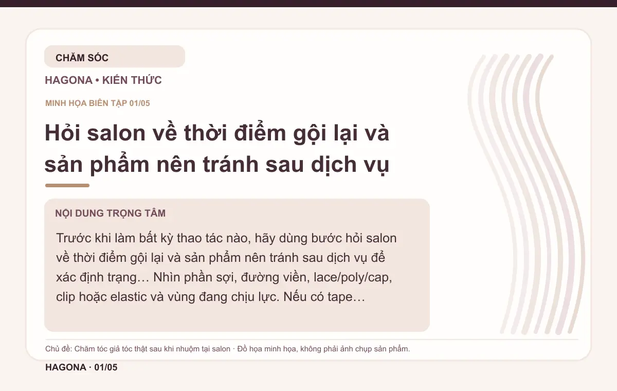 Đồ họa minh họa HAGONA về Hỏi salon về thời điểm gội lại và sản phẩm nên tránh sau dịch vụ trong bài Chăm tóc giả tóc thật sau khi nhuộm tại salon