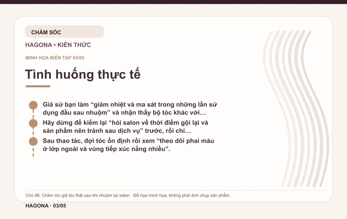 Đồ họa minh họa HAGONA về Tình huống thực tế trong bài Chăm tóc giả tóc thật sau khi nhuộm tại salon