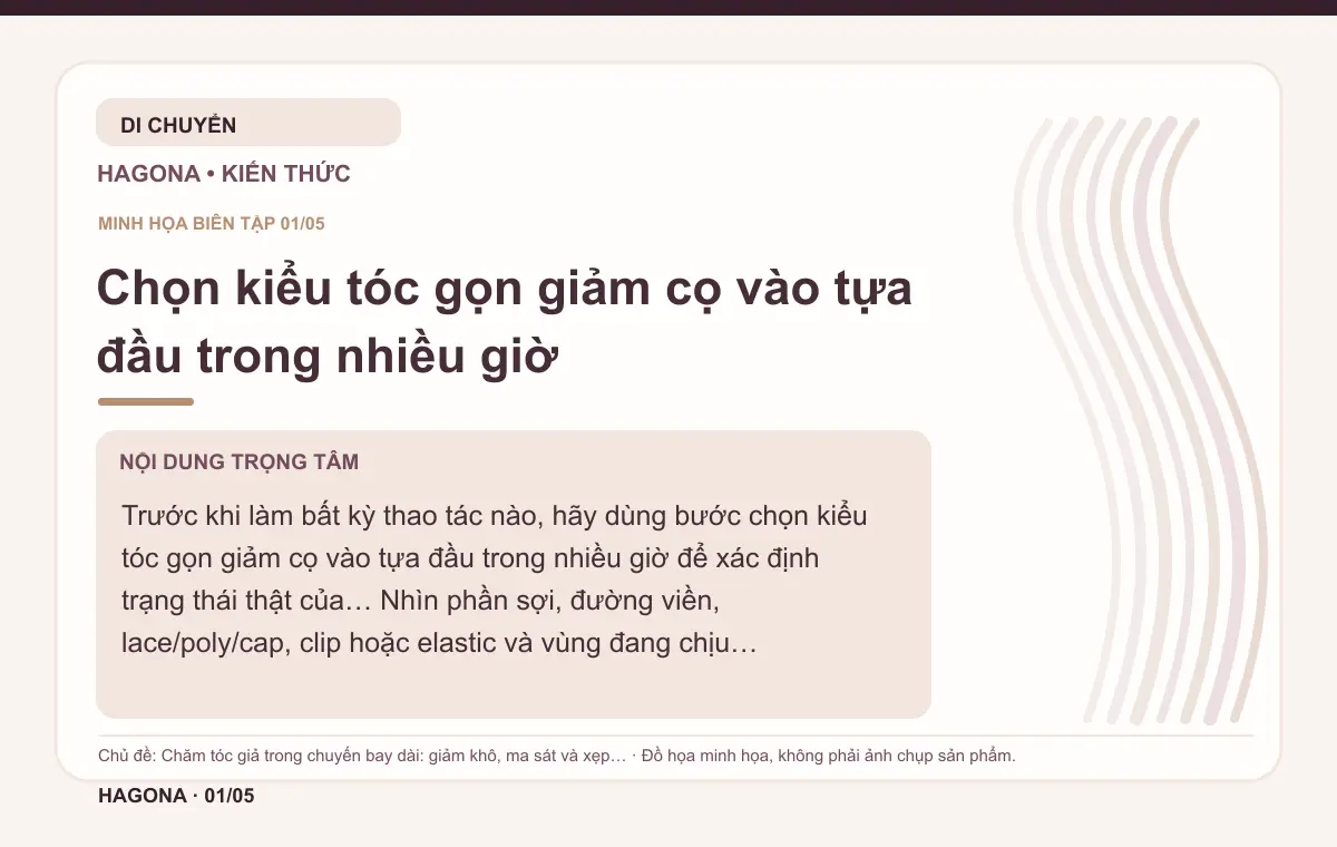 Đồ họa minh họa HAGONA về Chọn kiểu tóc gọn giảm cọ vào tựa đầu trong nhiều giờ trong bài Chăm tóc giả trong chuyến bay dài: giảm khô, ma sát và xẹp kiểu