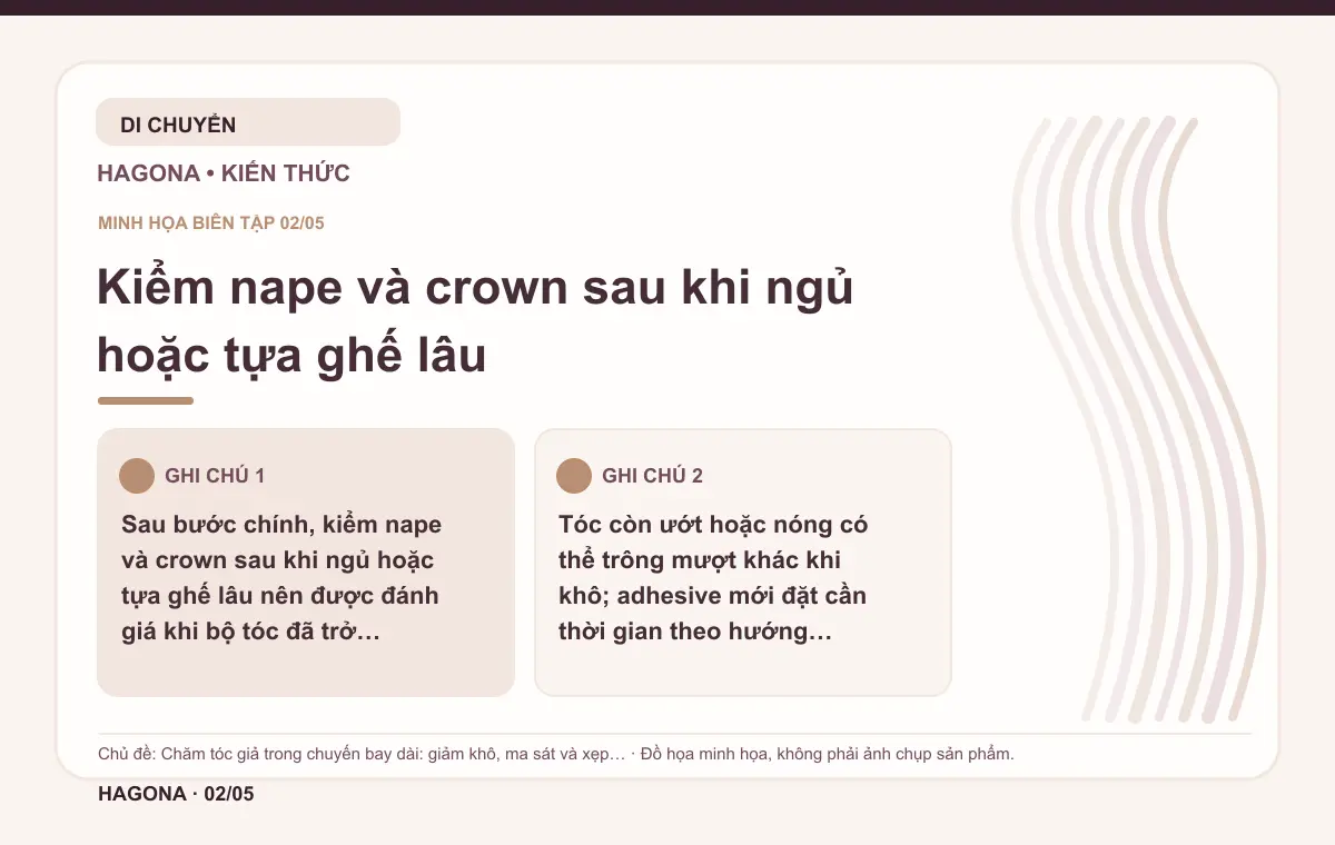 Đồ họa minh họa HAGONA về Kiểm nape và crown sau khi ngủ hoặc tựa ghế lâu trong bài Chăm tóc giả trong chuyến bay dài: giảm khô, ma sát và xẹp kiểu