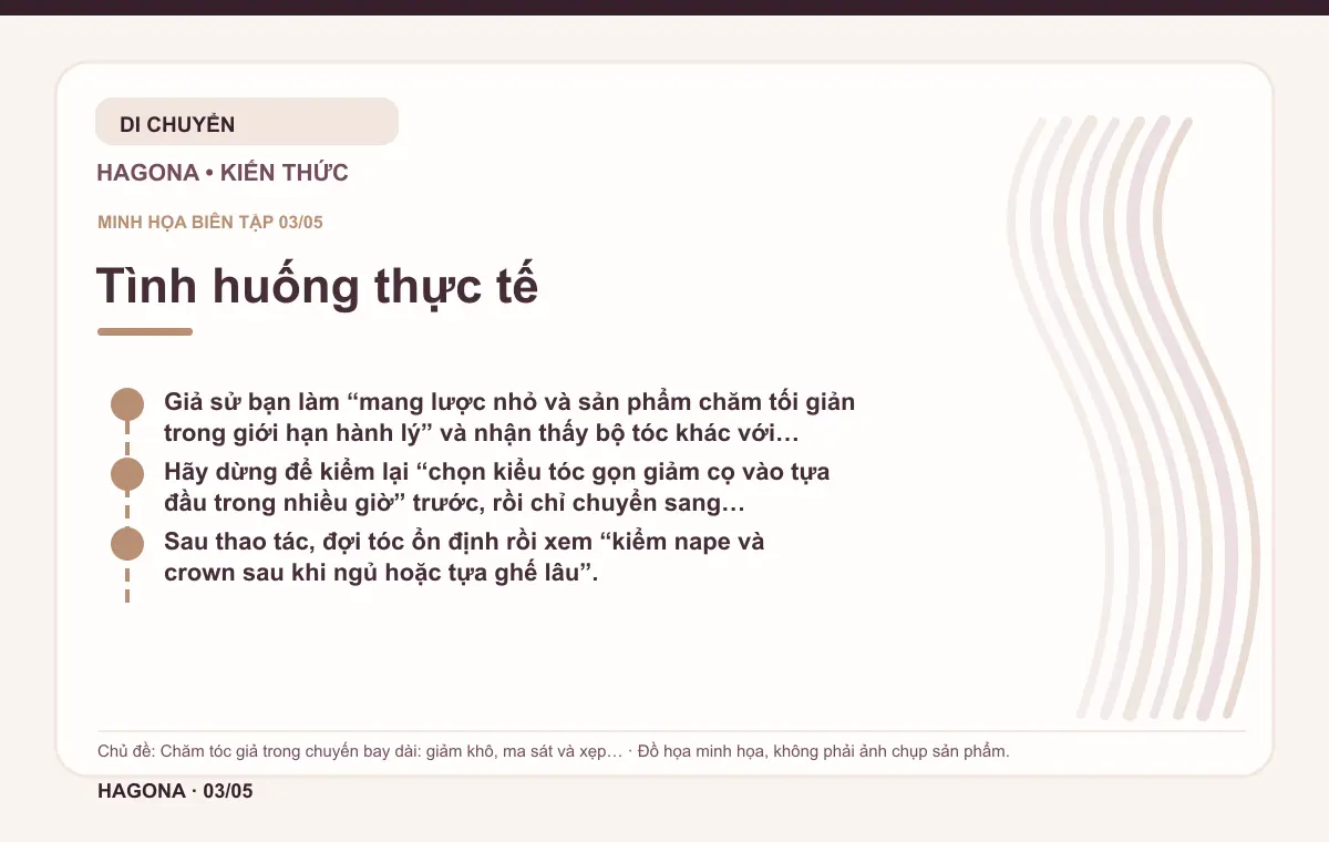 Đồ họa minh họa HAGONA về Tình huống thực tế trong bài Chăm tóc giả trong chuyến bay dài: giảm khô, ma sát và xẹp kiểu