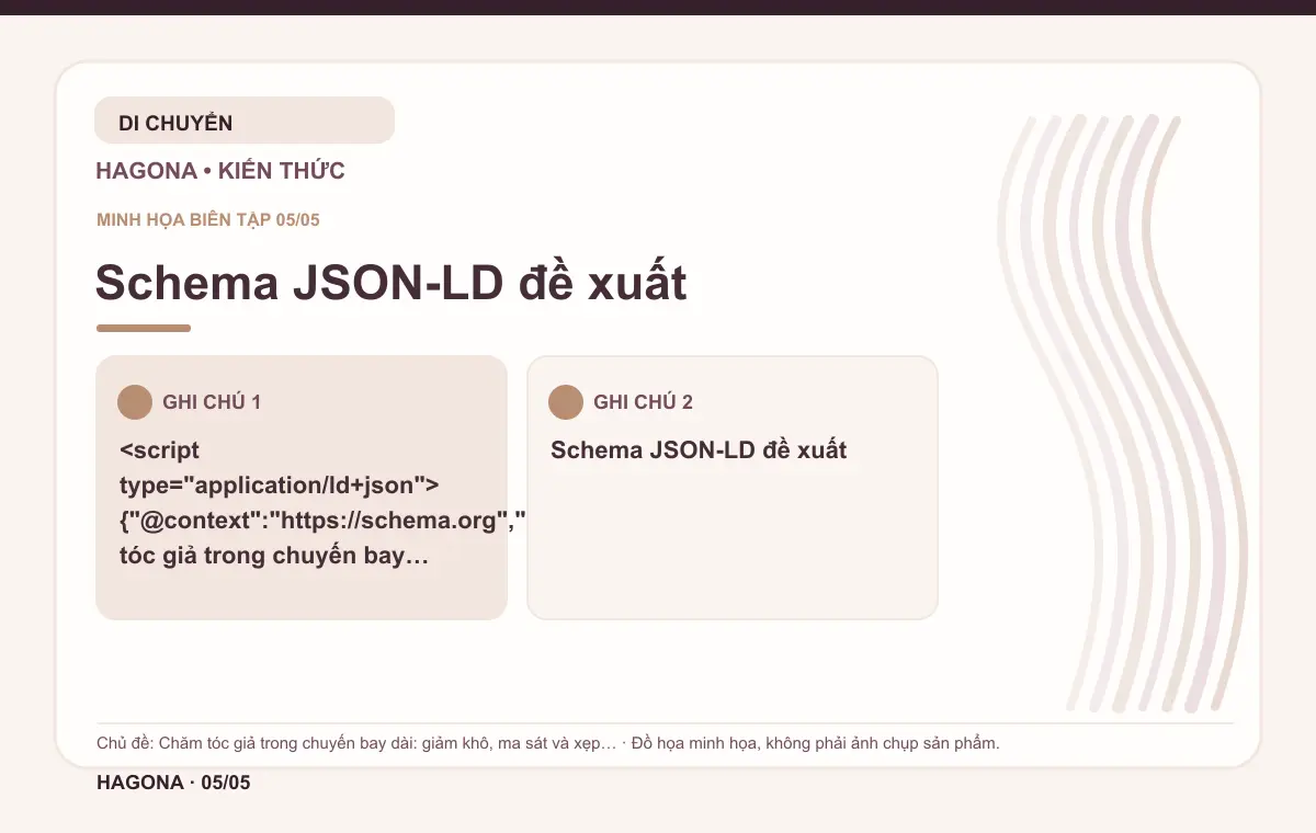 Đồ họa minh họa HAGONA về Schema JSON-LD đề xuất trong bài Chăm tóc giả trong chuyến bay dài: giảm khô, ma sát và xẹp kiểu