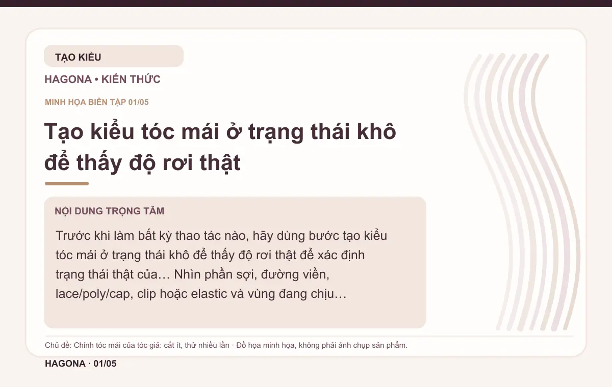 Đồ họa minh họa HAGONA về Tạo kiểu tóc mái ở trạng thái khô để thấy độ rơi thật trong bài Chỉnh tóc mái của tóc giả: cắt ít, thử nhiều lần