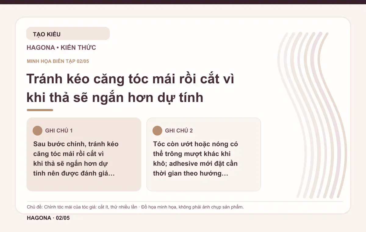Đồ họa minh họa HAGONA về Tránh kéo căng tóc mái rồi cắt vì khi thả sẽ ngắn hơn dự tính trong bài Chỉnh tóc mái của tóc giả: cắt ít, thử nhiều lần