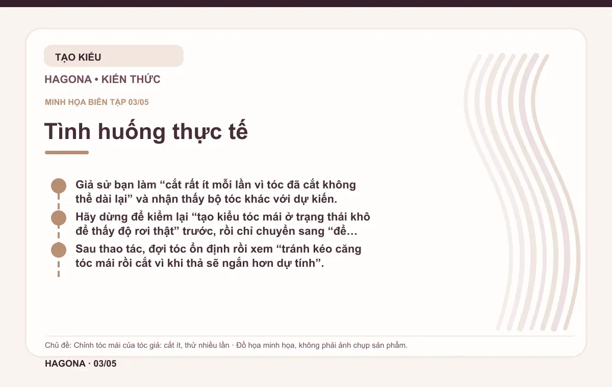 Đồ họa minh họa HAGONA về Tình huống thực tế trong bài Chỉnh tóc mái của tóc giả: cắt ít, thử nhiều lần