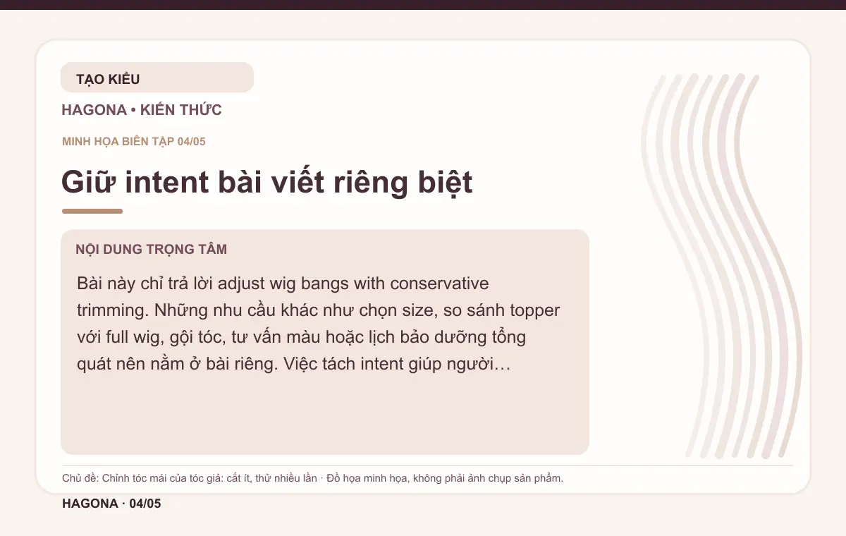 Đồ họa minh họa HAGONA về Giữ intent bài viết riêng biệt trong bài Chỉnh tóc mái của tóc giả: cắt ít, thử nhiều lần