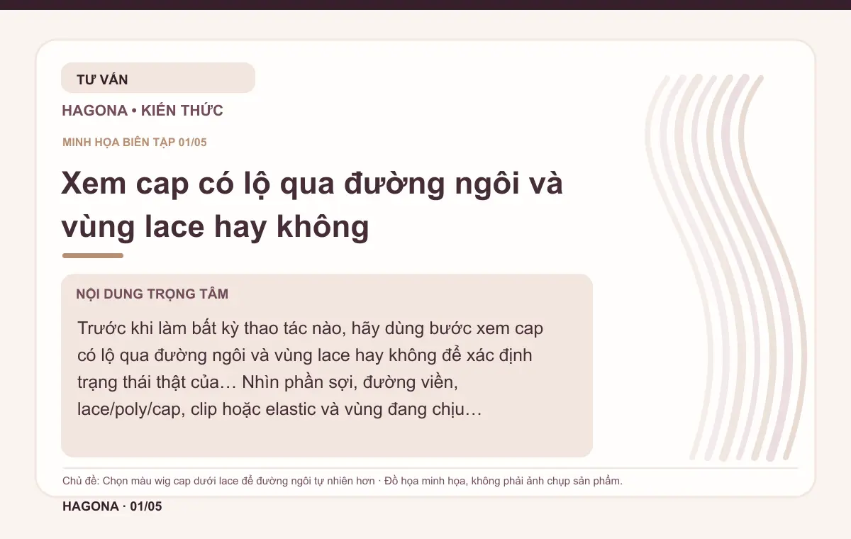 Đồ họa minh họa HAGONA về Xem cap có lộ qua đường ngôi và vùng lace hay không trong bài Chọn màu wig cap dưới lace để đường ngôi tự nhiên hơn