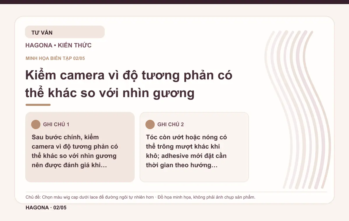 Đồ họa minh họa HAGONA về Kiểm camera vì độ tương phản có thể khác so với nhìn gương trong bài Chọn màu wig cap dưới lace để đường ngôi tự nhiên hơn