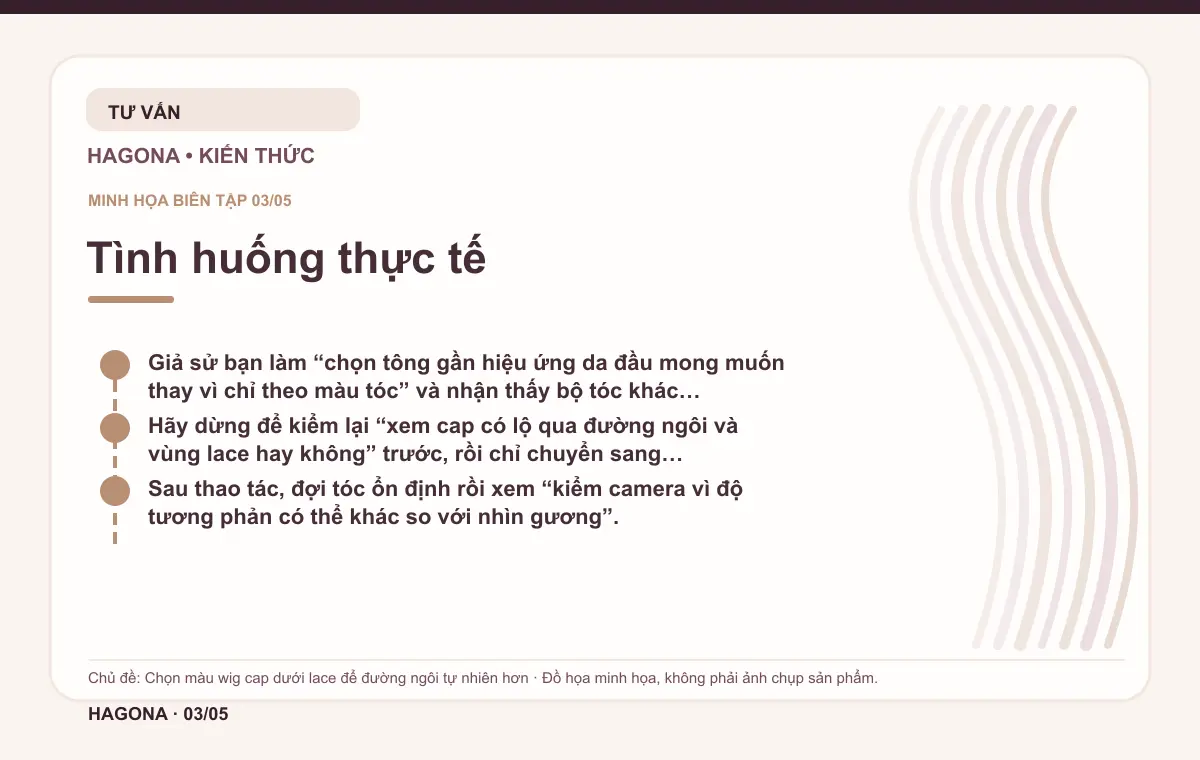 Đồ họa minh họa HAGONA về Tình huống thực tế trong bài Chọn màu wig cap dưới lace để đường ngôi tự nhiên hơn