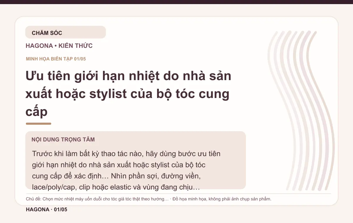 Đồ họa minh họa HAGONA về Ưu tiên giới hạn nhiệt do nhà sản xuất hoặc stylist của bộ tóc cung cấp trong bài Chọn mức nhiệt máy uốn duỗi cho tóc giả tóc thật theo hướng dẫn sản phẩm