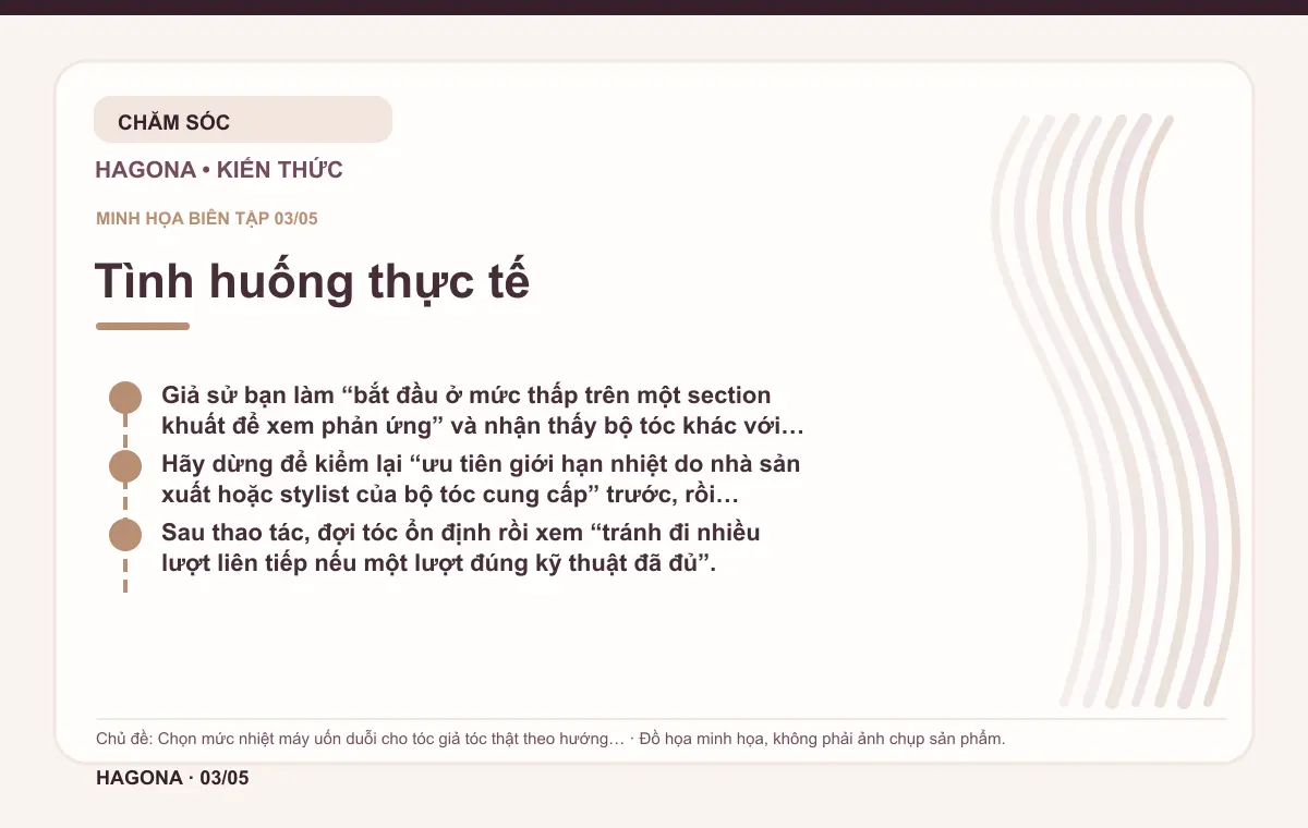 Đồ họa minh họa HAGONA về Tình huống thực tế trong bài Chọn mức nhiệt máy uốn duỗi cho tóc giả tóc thật theo hướng dẫn sản phẩm