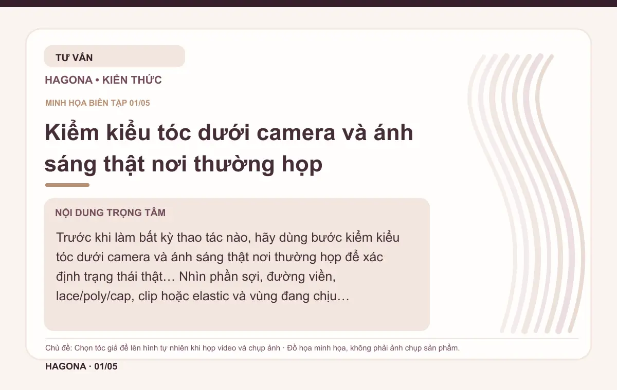 Đồ họa minh họa HAGONA về Kiểm kiểu tóc dưới camera và ánh sáng thật nơi thường họp trong bài Chọn tóc giả để lên hình tự nhiên khi họp video và chụp ảnh
