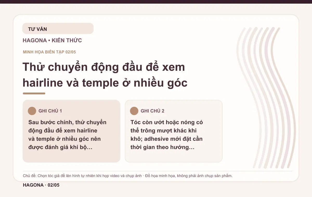 Đồ họa minh họa HAGONA về Thử chuyển động đầu để xem hairline và temple ở nhiều góc trong bài Chọn tóc giả để lên hình tự nhiên khi họp video và chụp ảnh