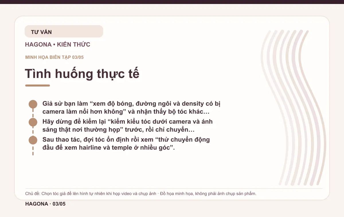 Đồ họa minh họa HAGONA về Tình huống thực tế trong bài Chọn tóc giả để lên hình tự nhiên khi họp video và chụp ảnh