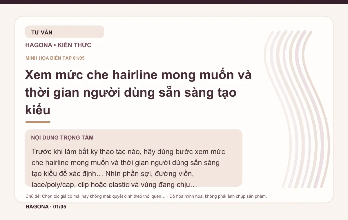 Đồ họa minh họa HAGONA về Xem mức che hairline mong muốn và thời gian người dùng sẵn sàng tạo kiểu trong bài Chọn tóc giả có mái hay không mái: quyết định theo thói quen tạo kiểu