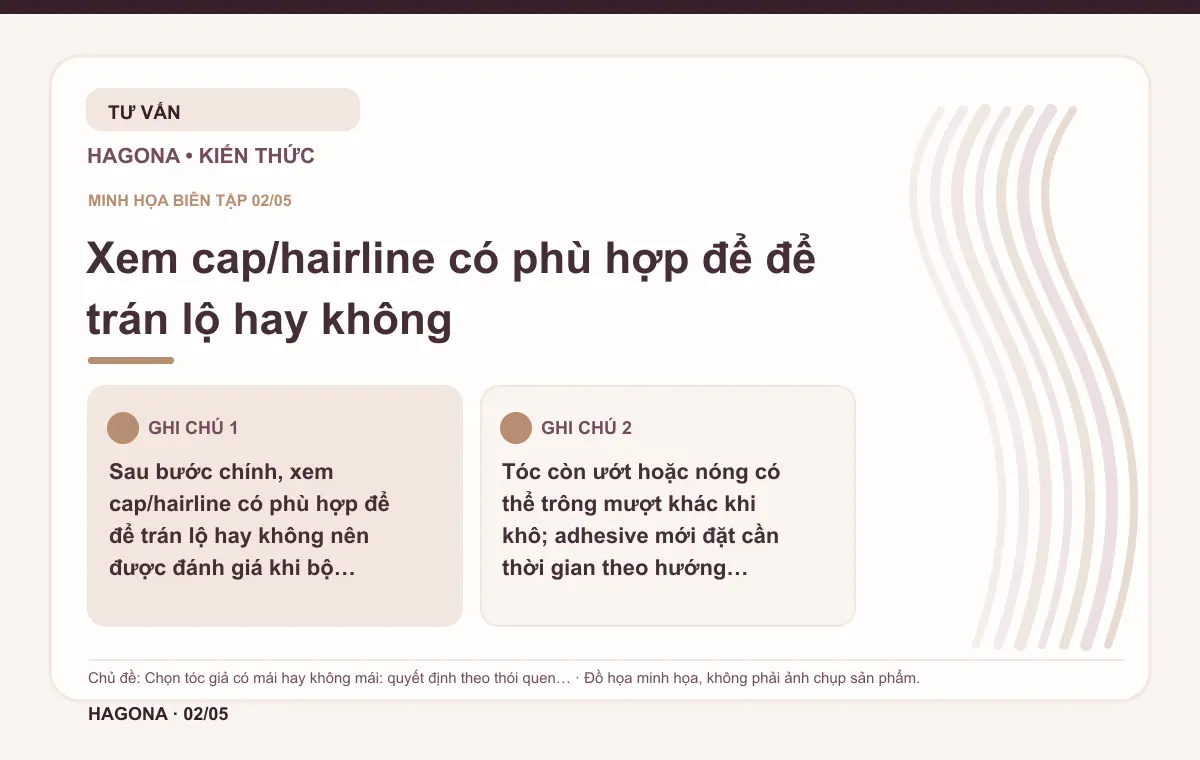 Đồ họa minh họa HAGONA về Xem cap/hairline có phù hợp để để trán lộ hay không trong bài Chọn tóc giả có mái hay không mái: quyết định theo thói quen tạo kiểu