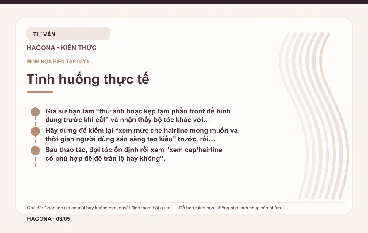 Đồ họa minh họa HAGONA về Tình huống thực tế trong bài Chọn tóc giả có mái hay không mái: quyết định theo thói quen tạo kiểu