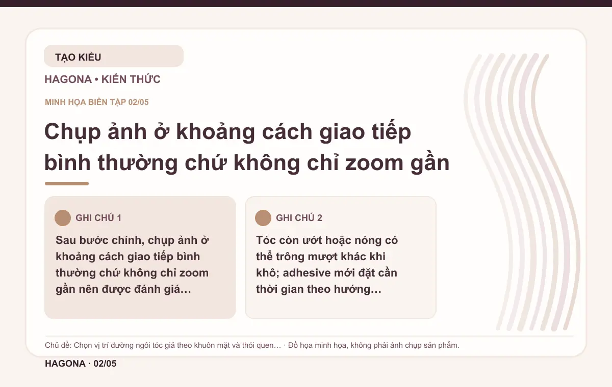 Đồ họa minh họa HAGONA về Chụp ảnh ở khoảng cách giao tiếp bình thường chứ không chỉ zoom gần trong bài Chọn vị trí đường ngôi tóc giả theo khuôn mặt và thói quen tạo kiểu