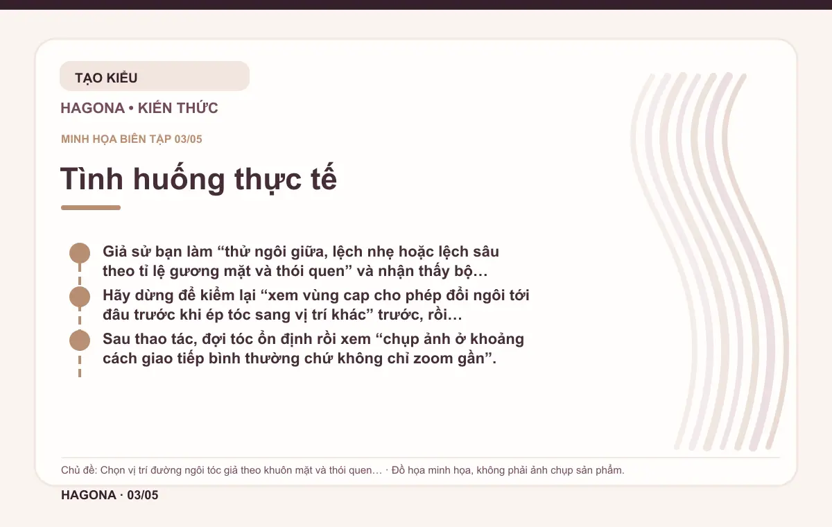 Đồ họa minh họa HAGONA về Tình huống thực tế trong bài Chọn vị trí đường ngôi tóc giả theo khuôn mặt và thói quen tạo kiểu