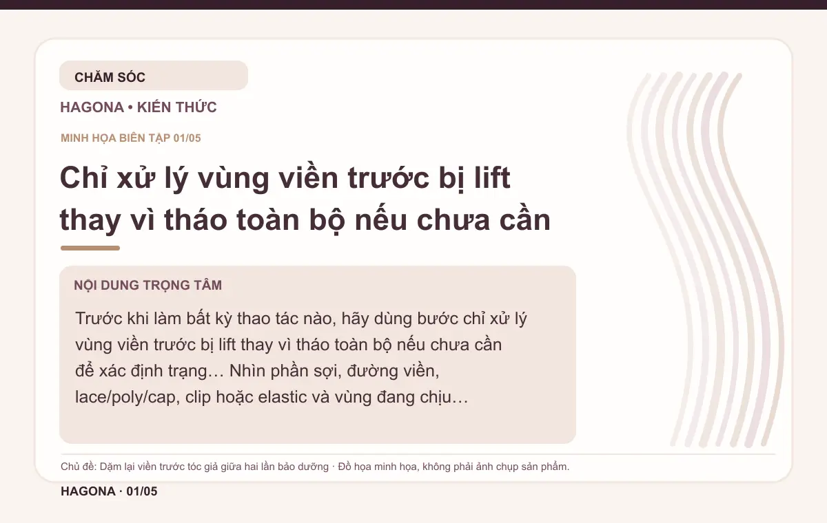 Đồ họa minh họa HAGONA về Chỉ xử lý vùng viền trước bị lift thay vì tháo toàn bộ nếu chưa cần trong bài Dặm lại viền trước tóc giả giữa hai lần bảo dưỡng