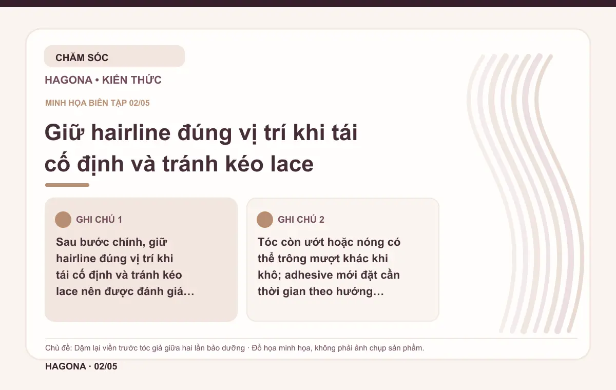 Đồ họa minh họa HAGONA về Giữ hairline đúng vị trí khi tái cố định và tránh kéo lace trong bài Dặm lại viền trước tóc giả giữa hai lần bảo dưỡng