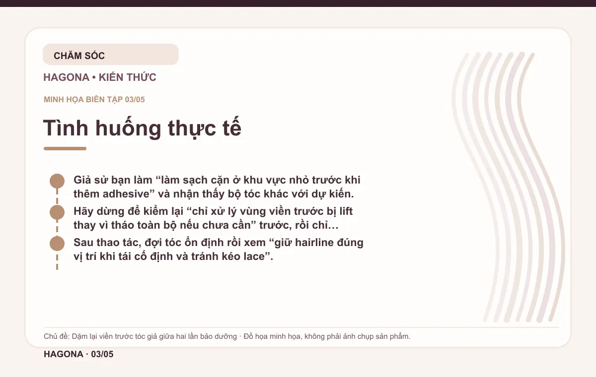 Đồ họa minh họa HAGONA về Tình huống thực tế trong bài Dặm lại viền trước tóc giả giữa hai lần bảo dưỡng