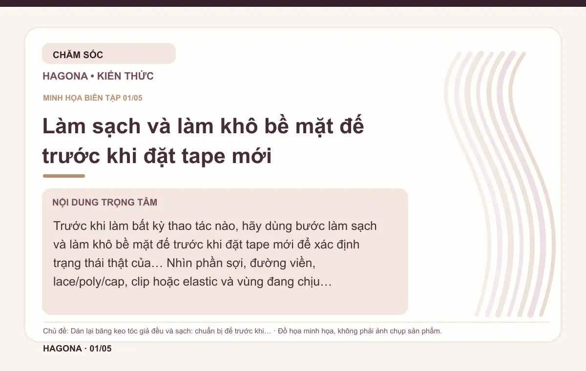 Đồ họa minh họa HAGONA về Làm sạch và làm khô bề mặt đế trước khi đặt tape mới trong bài Dán lại băng keo tóc giả đều và sạch: chuẩn bị đế trước khi cố định