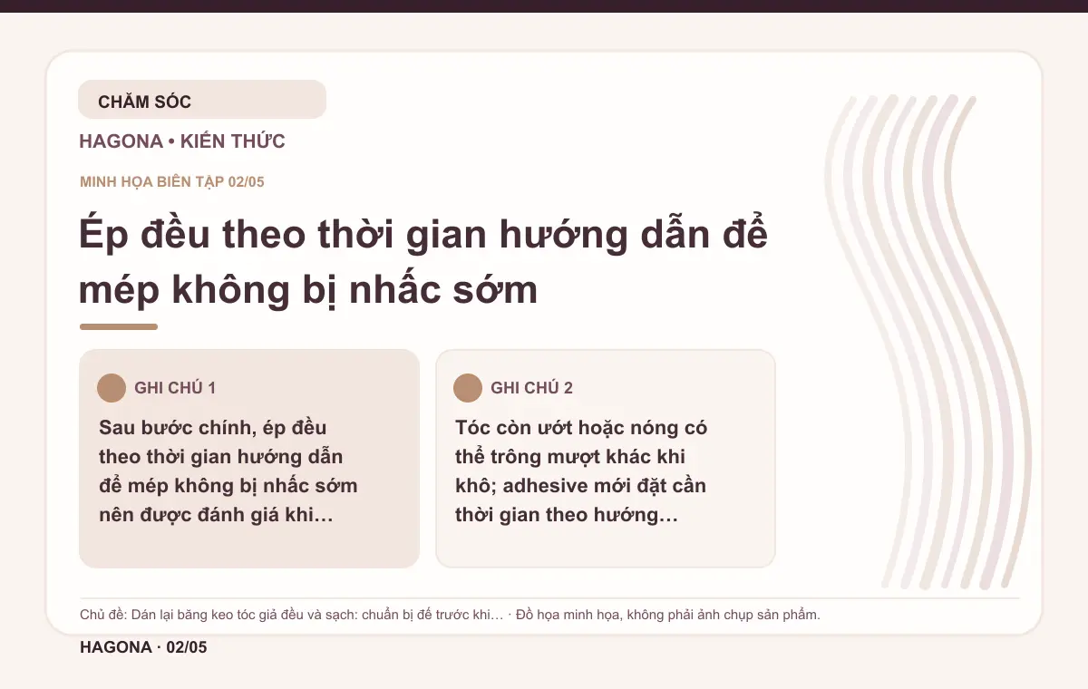 Đồ họa minh họa HAGONA về Ép đều theo thời gian hướng dẫn để mép không bị nhấc sớm trong bài Dán lại băng keo tóc giả đều và sạch: chuẩn bị đế trước khi cố định