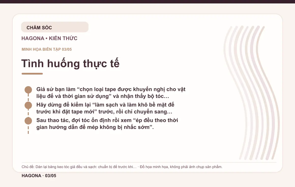 Đồ họa minh họa HAGONA về Tình huống thực tế trong bài Dán lại băng keo tóc giả đều và sạch: chuẩn bị đế trước khi cố định