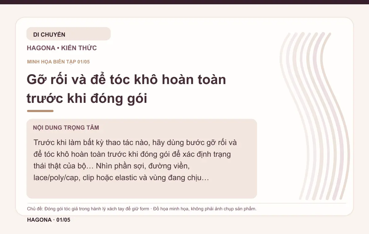 Đồ họa minh họa HAGONA về Gỡ rối và để tóc khô hoàn toàn trước khi đóng gói trong bài Đóng gói tóc giả trong hành lý xách tay để giữ form