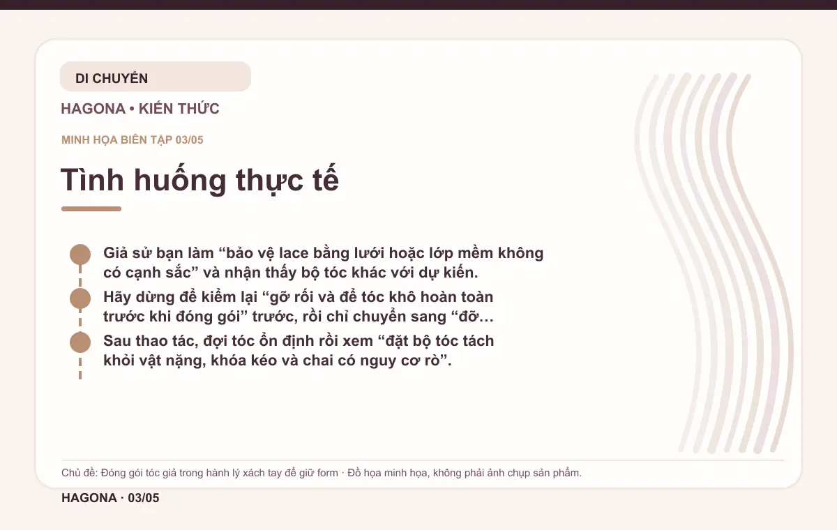 Đồ họa minh họa HAGONA về Tình huống thực tế trong bài Đóng gói tóc giả trong hành lý xách tay để giữ form