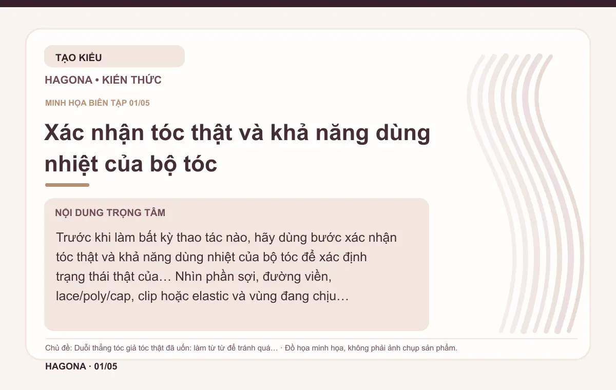 Đồ họa minh họa HAGONA về Xác nhận tóc thật và khả năng dùng nhiệt của bộ tóc trong bài Duỗi thẳng tóc giả tóc thật đã uốn: làm từ từ để tránh quá nhiệt