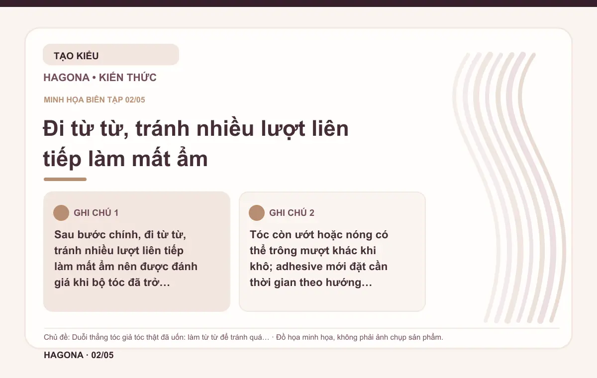 Đồ họa minh họa HAGONA về Đi từ từ, tránh nhiều lượt liên tiếp làm mất ẩm trong bài Duỗi thẳng tóc giả tóc thật đã uốn: làm từ từ để tránh quá nhiệt