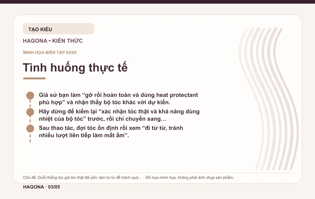 Đồ họa minh họa HAGONA về Tình huống thực tế trong bài Duỗi thẳng tóc giả tóc thật đã uốn: làm từ từ để tránh quá nhiệt