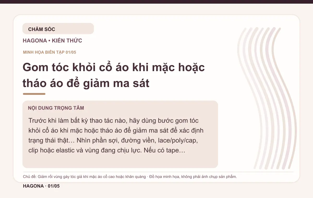 Đồ họa minh họa HAGONA về Gom tóc khỏi cổ áo khi mặc hoặc tháo áo để giảm ma sát trong bài Giảm rối vùng gáy tóc giả khi mặc áo cổ cao hoặc khăn quàng