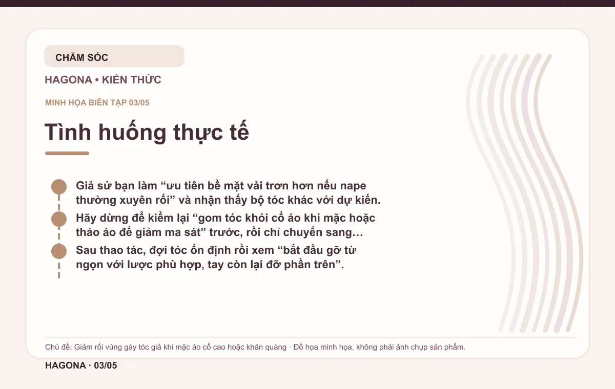 Đồ họa minh họa HAGONA về Tình huống thực tế trong bài Giảm rối vùng gáy tóc giả khi mặc áo cổ cao hoặc khăn quàng