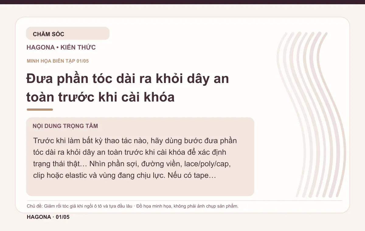 Đồ họa minh họa HAGONA về Đưa phần tóc dài ra khỏi dây an toàn trước khi cài khóa trong bài Giảm rối tóc giả khi ngồi ô tô và tựa đầu lâu