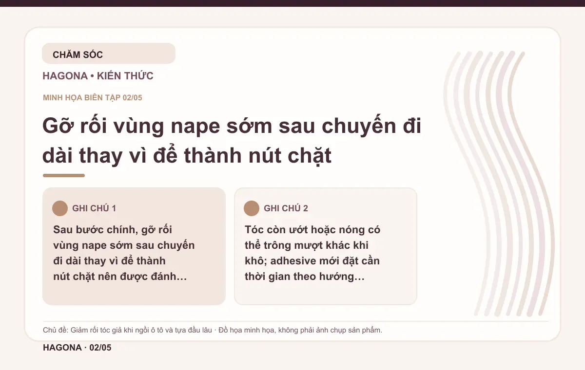 Đồ họa minh họa HAGONA về Gỡ rối vùng nape sớm sau chuyến đi dài thay vì để thành nút chặt trong bài Giảm rối tóc giả khi ngồi ô tô và tựa đầu lâu