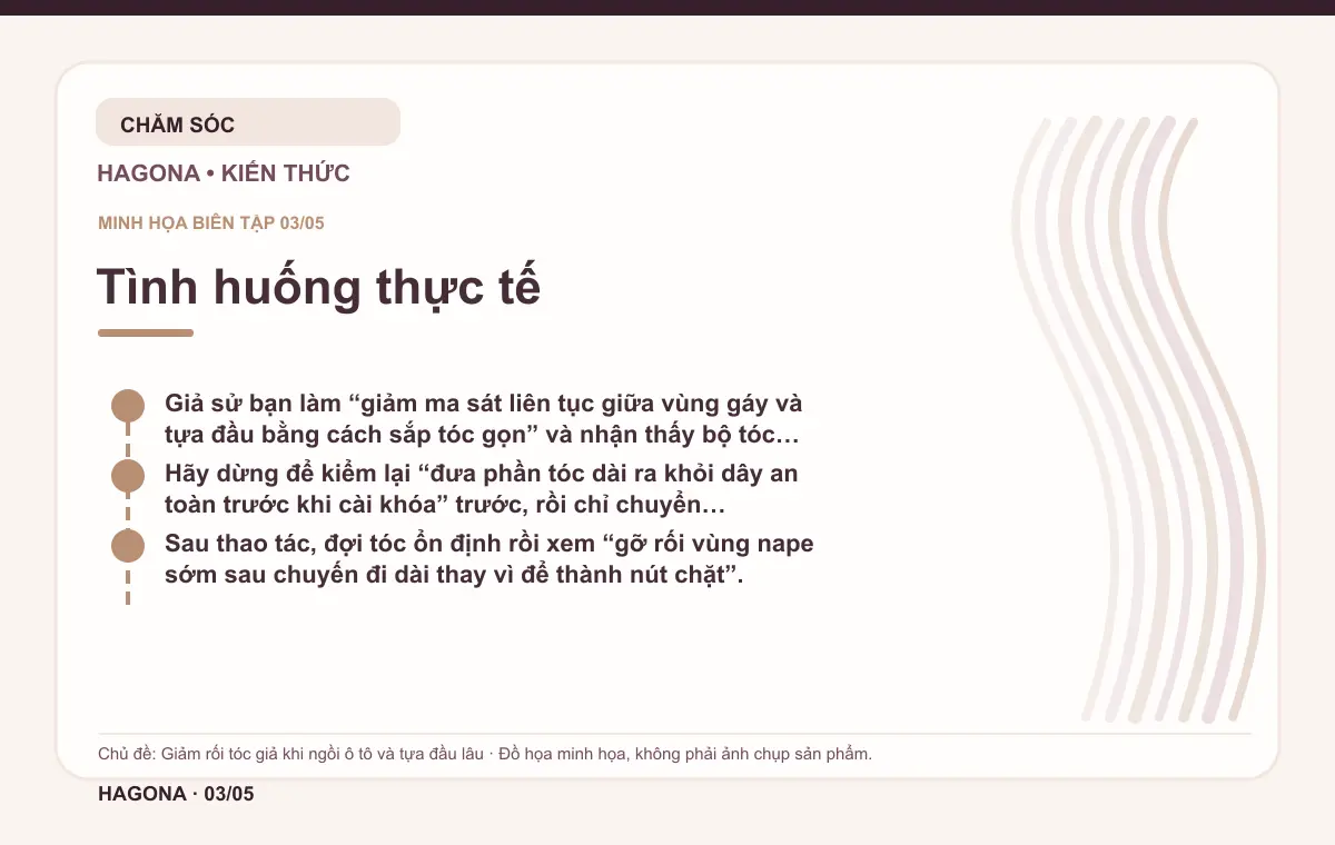 Đồ họa minh họa HAGONA về Tình huống thực tế trong bài Giảm rối tóc giả khi ngồi ô tô và tựa đầu lâu