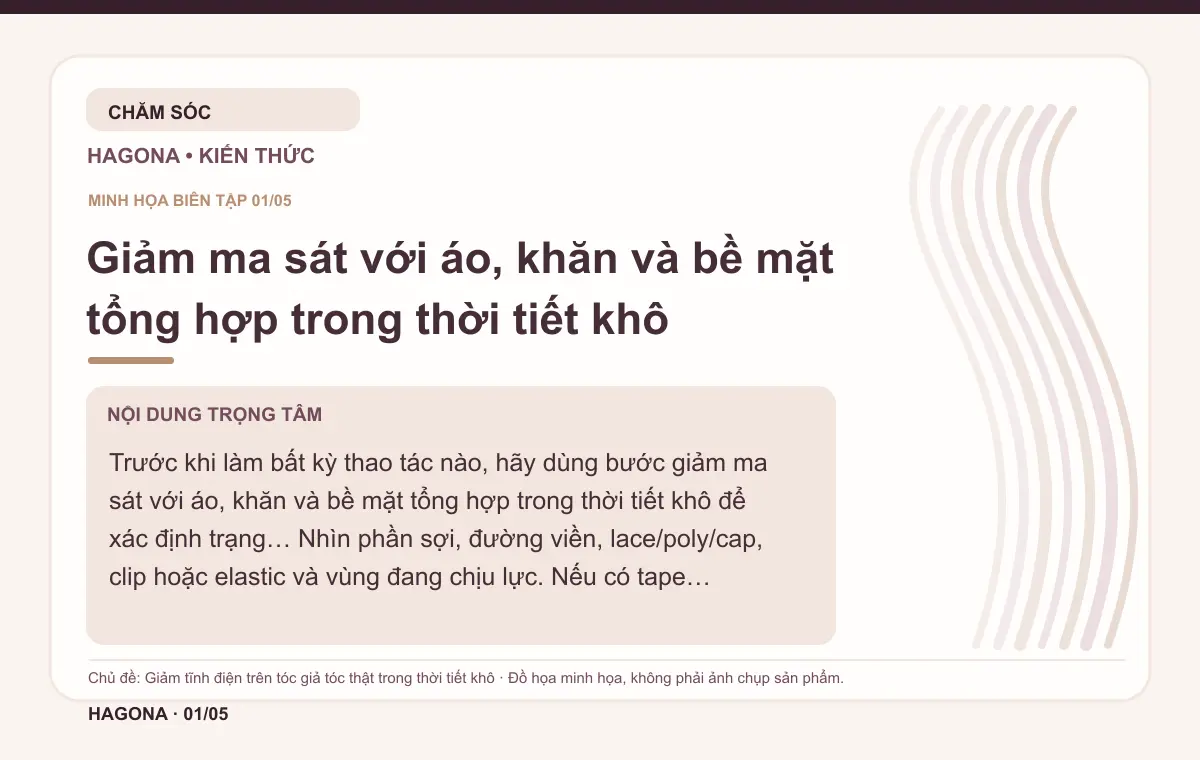 Đồ họa minh họa HAGONA về Giảm ma sát với áo, khăn và bề mặt tổng hợp trong thời tiết khô trong bài Giảm tĩnh điện trên tóc giả tóc thật trong thời tiết khô