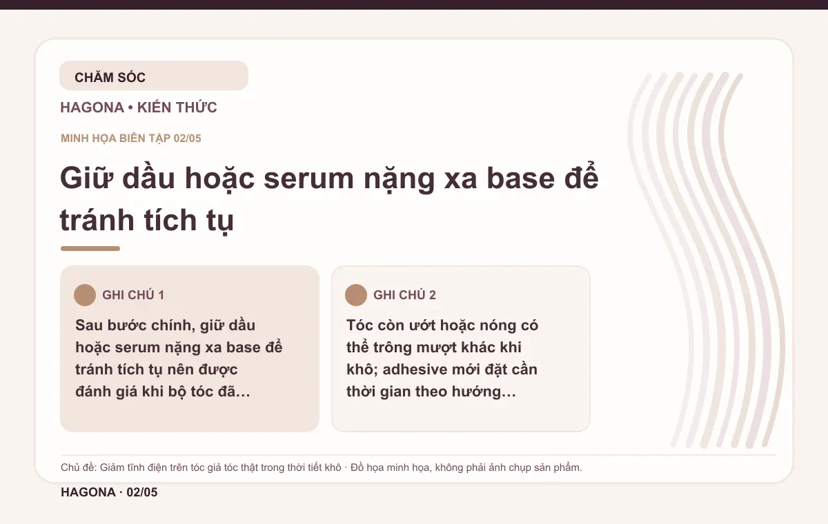 Đồ họa minh họa HAGONA về Giữ dầu hoặc serum nặng xa base để tránh tích tụ trong bài Giảm tĩnh điện trên tóc giả tóc thật trong thời tiết khô