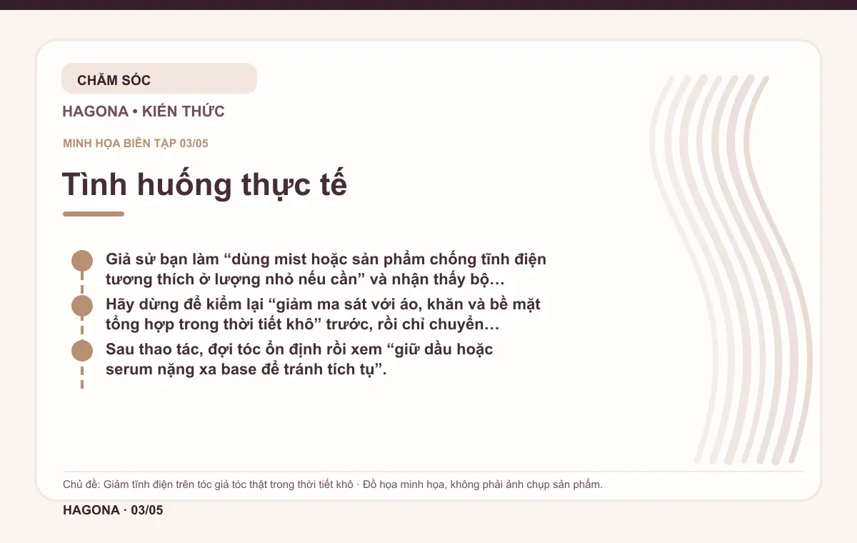 Đồ họa minh họa HAGONA về Tình huống thực tế trong bài Giảm tĩnh điện trên tóc giả tóc thật trong thời tiết khô